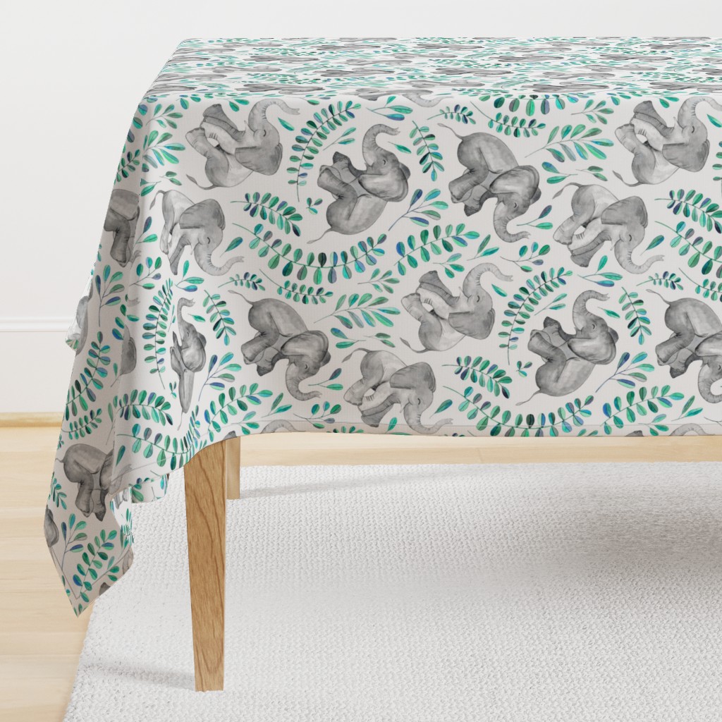 Laughing Baby Elephants with Emerald and Turquoise leaves on white - large print