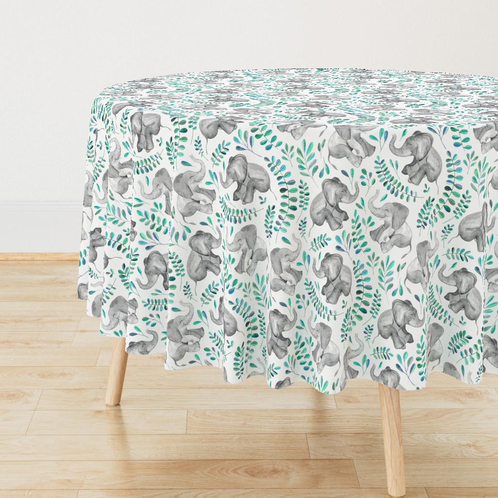 Laughing Baby Elephants with Emerald and Turquoise leaves on white - large print