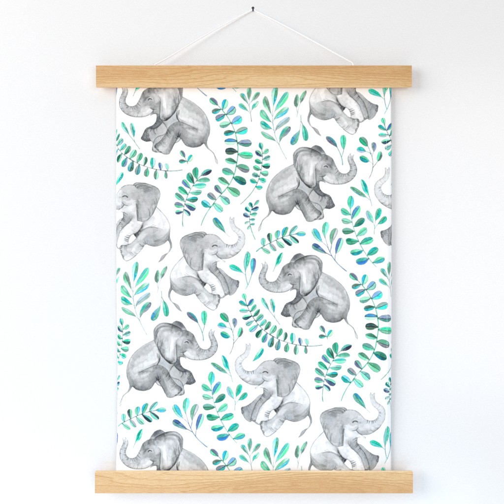 Laughing Baby Elephants with Emerald and Turquoise leaves on white - large print