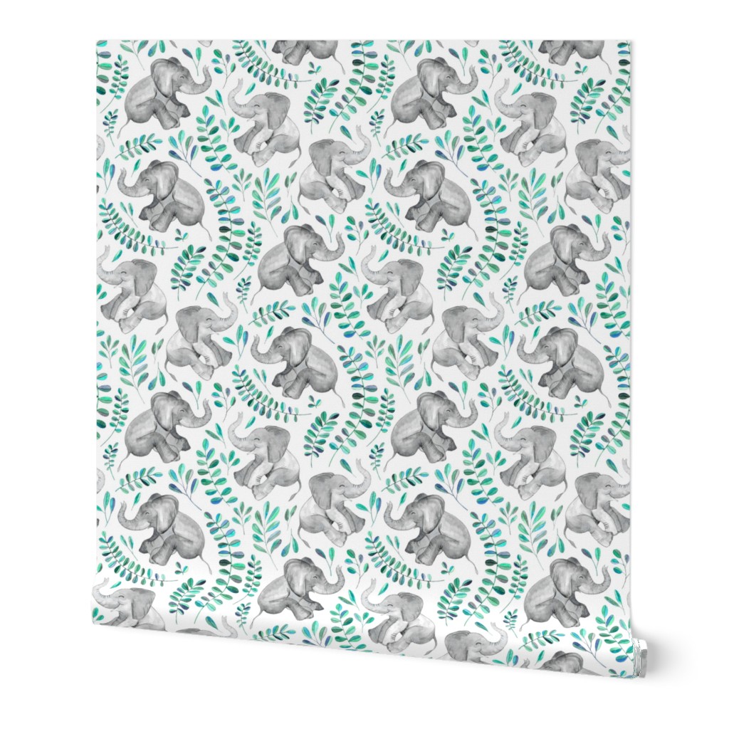 Laughing Baby Elephants with Emerald and Turquoise leaves on white - large print