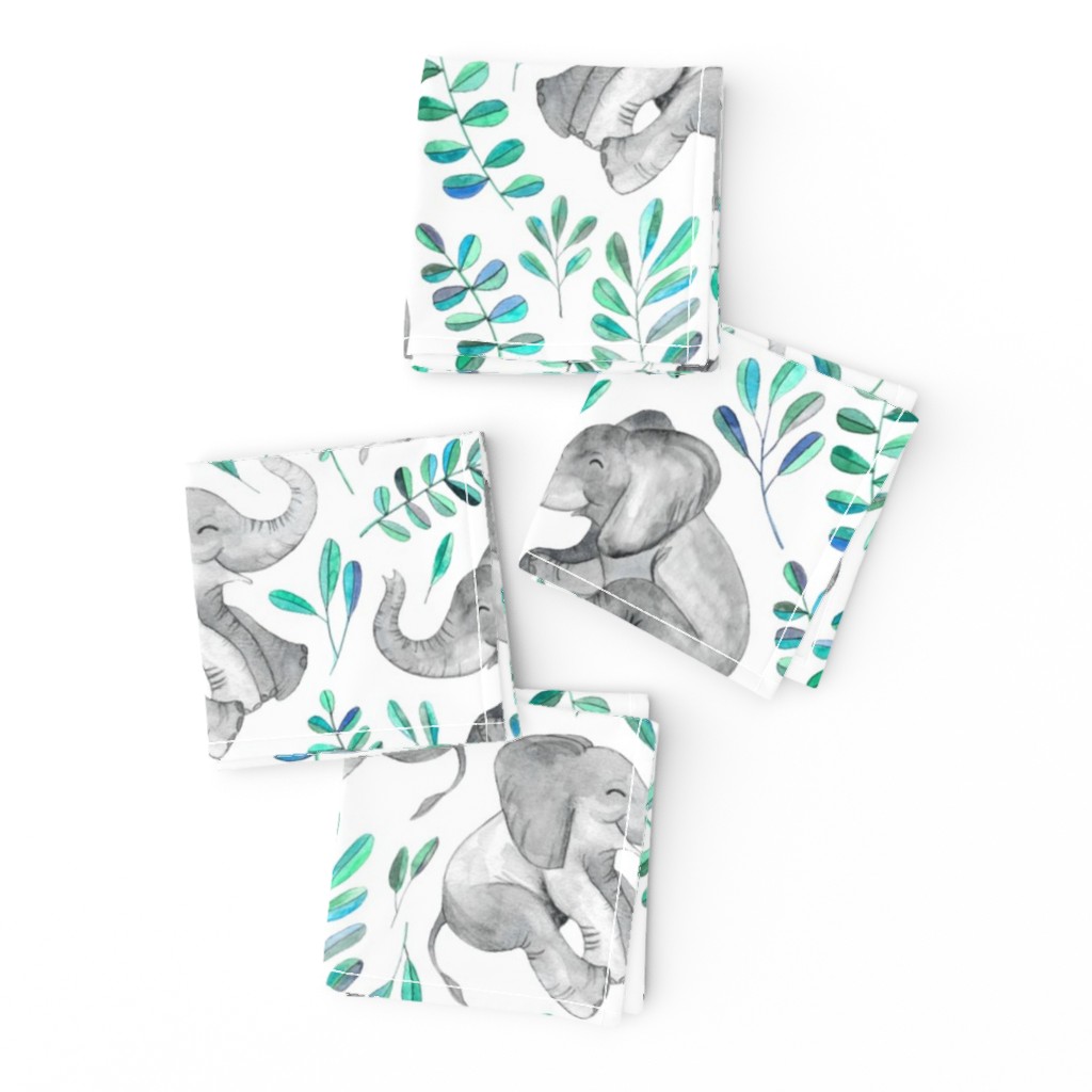 Laughing Baby Elephants with Emerald and Turquoise leaves on white - large print