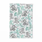 Laughing Baby Elephants with Emerald and Turquoise leaves on white - large print