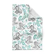 Laughing Baby Elephants with Emerald and Turquoise leaves on white - large print