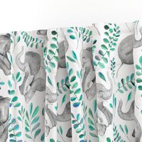 Laughing Baby Elephants with Emerald and Turquoise leaves on white - large print