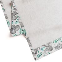 Laughing Baby Elephants with Emerald and Turquoise leaves on white - large print