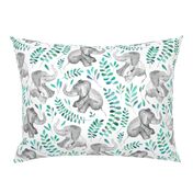 Laughing Baby Elephants with Emerald and Turquoise leaves on white - large print