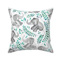 Laughing Baby Elephants with Emerald and Turquoise leaves on white - large print