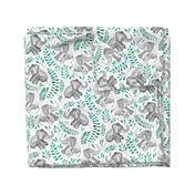 Laughing Baby Elephants with Emerald and Turquoise leaves on white - large print