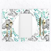 Laughing Baby Elephants with Emerald and Turquoise leaves on white - large print