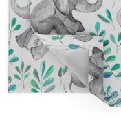 Laughing Baby Elephants with Emerald and Turquoise leaves on white - large print