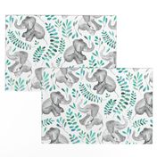 Laughing Baby Elephants with Emerald and Turquoise leaves on white - large print