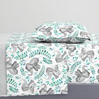 Laughing Baby Elephants with Emerald and Turquoise leaves on white - large print