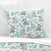 Laughing Baby Elephants with Emerald and Turquoise leaves on white - large print