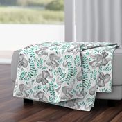 Laughing Baby Elephants with Emerald and Turquoise leaves on white - large print