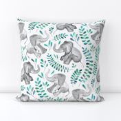 Laughing Baby Elephants with Emerald and Turquoise leaves on white - large print