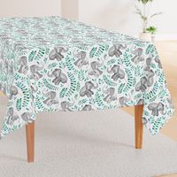 Laughing Baby Elephants with Emerald and Turquoise leaves on white - large print