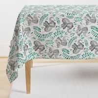 Laughing Baby Elephants with Emerald and Turquoise leaves on white - large print