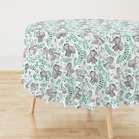 Laughing Baby Elephants with Emerald and Turquoise leaves on white - large print