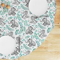 Laughing Baby Elephants with Emerald and Turquoise leaves on white - large print