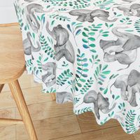 Laughing Baby Elephants with Emerald and Turquoise leaves on white - large print