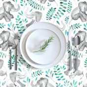 Laughing Baby Elephants with Emerald and Turquoise leaves on white - large print