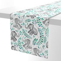 Laughing Baby Elephants with Emerald and Turquoise leaves on white - large print