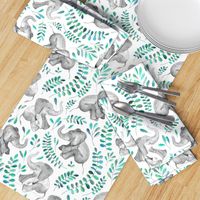 Laughing Baby Elephants with Emerald and Turquoise leaves on white - large print