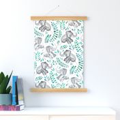 Laughing Baby Elephants with Emerald and Turquoise leaves on white - large print