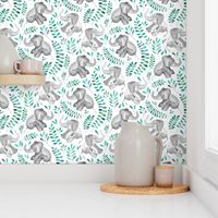 Laughing Baby Elephants with Emerald and Turquoise leaves on white - large print