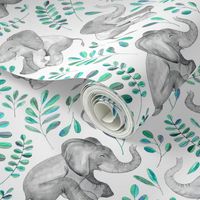 Laughing Baby Elephants with Emerald and Turquoise leaves on white - large print