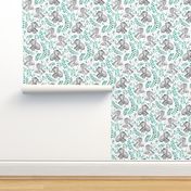 Laughing Baby Elephants with Emerald and Turquoise leaves on white - large print