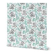 Laughing Baby Elephants with Emerald and Turquoise leaves on white - large print