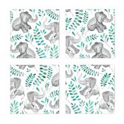 Laughing Baby Elephants with Emerald and Turquoise leaves on white - large print