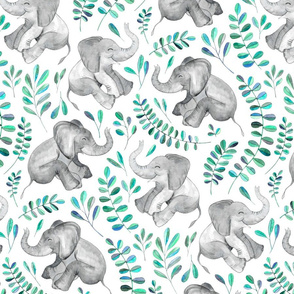 Laughing Baby Elephants with Emerald and Turquoise leaves on white - large print