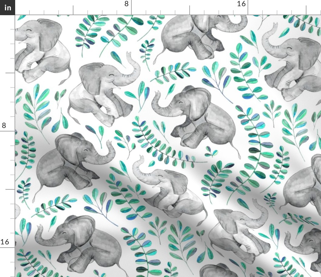 Laughing Baby Elephants with Emerald and Turquoise leaves on white - large print