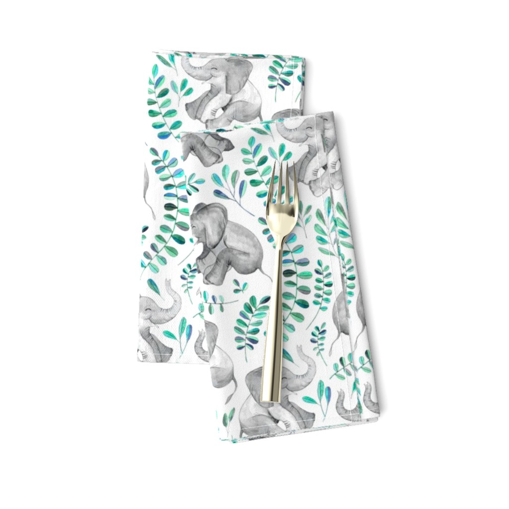 Laughing Baby Elephants with Emerald and Turquoise leaves on white - small print