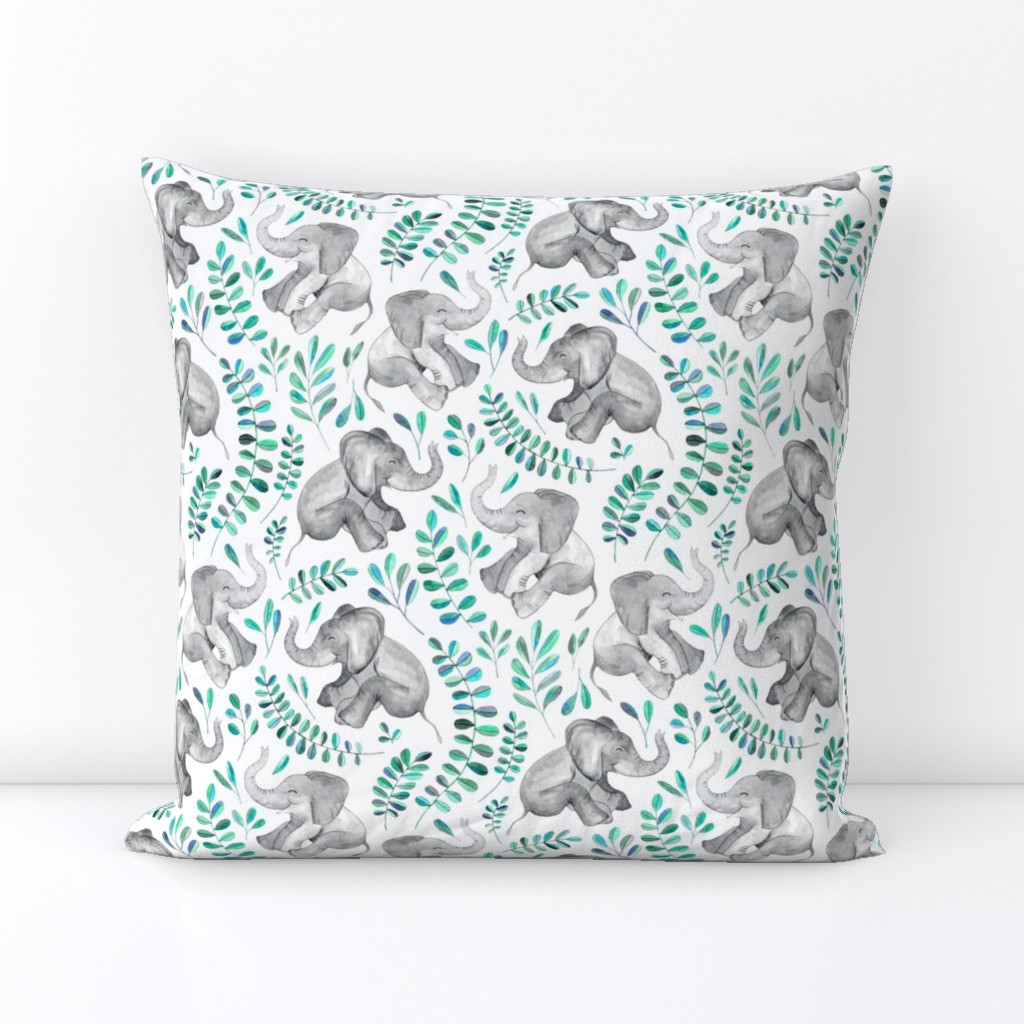 Laughing Baby Elephants with Emerald and Turquoise leaves on white - small print