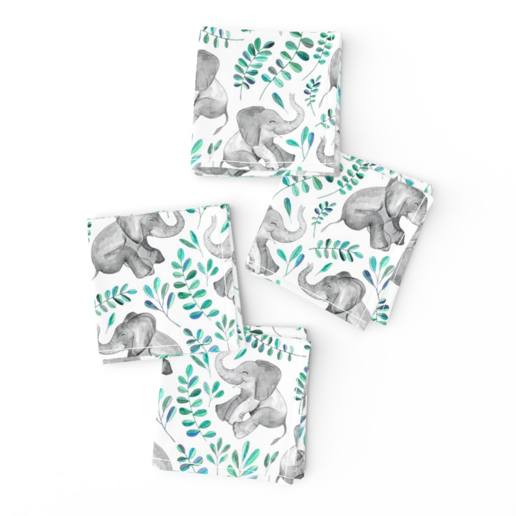 Laughing Baby Elephants with Emerald and Turquoise leaves on white - small print