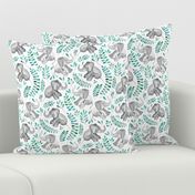 Laughing Baby Elephants with Emerald and Turquoise leaves on white - small print