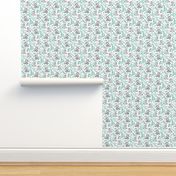 Laughing Baby Elephants with Emerald and Turquoise leaves on white - small print