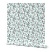 Laughing Baby Elephants with Emerald and Turquoise leaves on white - small print