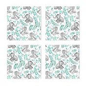 Laughing Baby Elephants with Emerald and Turquoise leaves on white - small print