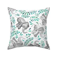 Rotated Laughing Baby Elephants with Emerald and Turquoise leaves on white - large print