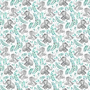 Tiny Laughing Baby Elephants with Emerald and Turquoise leaves on white