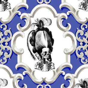4 Marie Antoinette french France Queen Empress poufs skulls skeletons Victorian elegant gothic lolita filigree scrolls Baroque Rococo scrollworks borders frames medallions Princess morbid macabre scary parody caricature egl