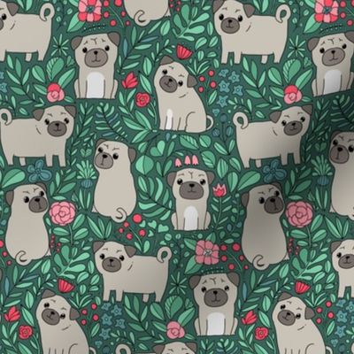 Cute pugs and flowers. Botanical design. Domestic pet and nature.