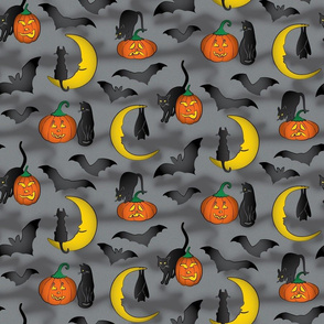 Halloween cats, pumpkins, bats on a cloudy moonlit night
