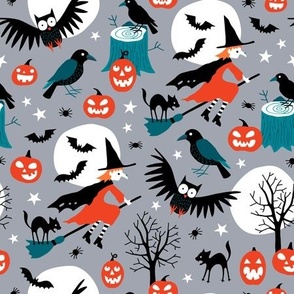 Halloween witches with full moon gray