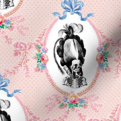 2 Marie Antoinette french France Queen Empress poufs skulls skeletons Victorian elegant gothic lolita floral flowers roses vines leaf leaves bows swag festoons borders frames medallions pink polka dots Baroque Rococo Princess morbid macabre scary parody w