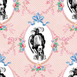 2 Marie Antoinette french France Queen Empress poufs skulls skeletons Victorian elegant gothic lolita floral flowers roses vines leaf leaves bows swag festoons borders frames medallions pink polka dots Baroque Rococo Princess morbid macabre scary parody w